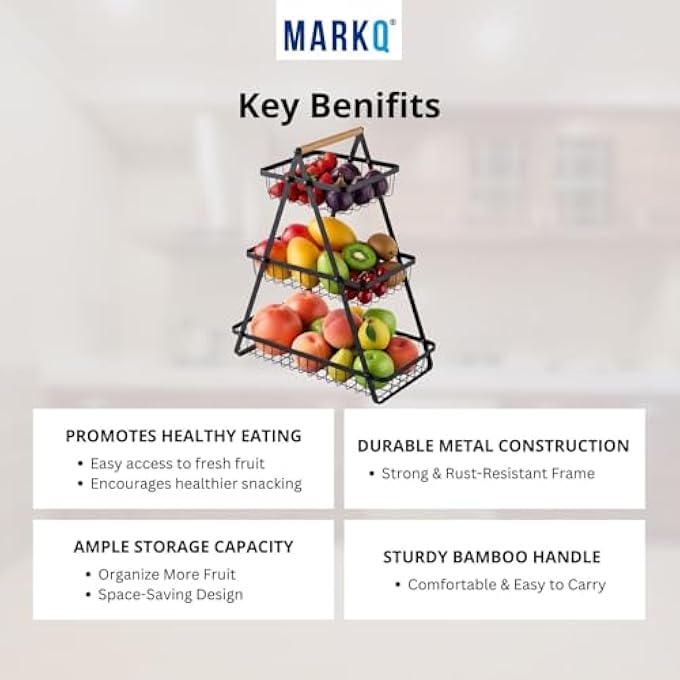 MARKQ 3-TIER FRUIT BASKET STAND  LARGE FLOOR FRUIT & VEGETABLE STORAGE RACK FOR KITCHEN | METAL PRODUCE ORGANIZER WITH DETACHABLE BASKETS, BREAD & SNACK HOLDER, BLACK POWDER-COATED STEEL FRAME - Image 5